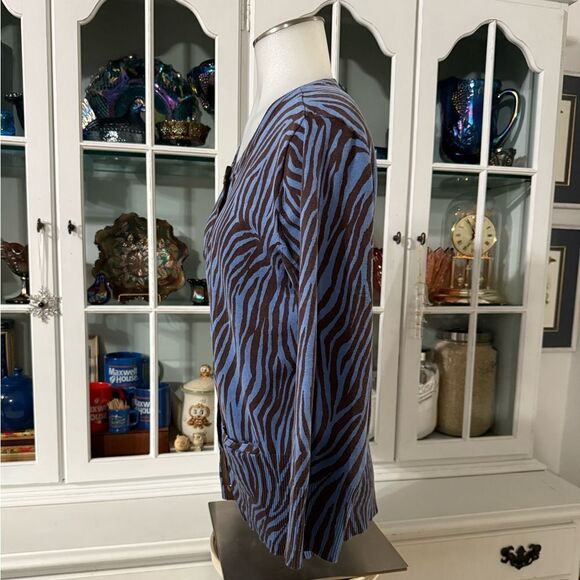 A Line Zebra Print Button-Up Cardigan Blue & Brown Size Large - Picture 3 of 7